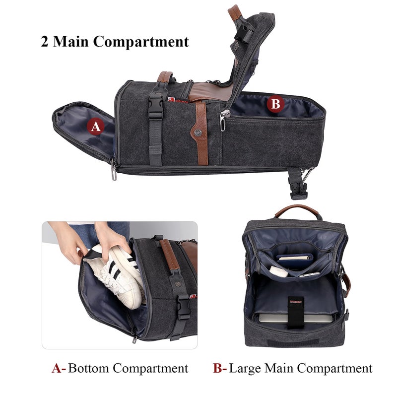 WITZMAN Travel Backpack for Men Women Carry on Luggage Backpack Canvas Rucksack Duffel bag with Shoe Compartmentï¼ˆA2020 blackï¼‰ - Image 5